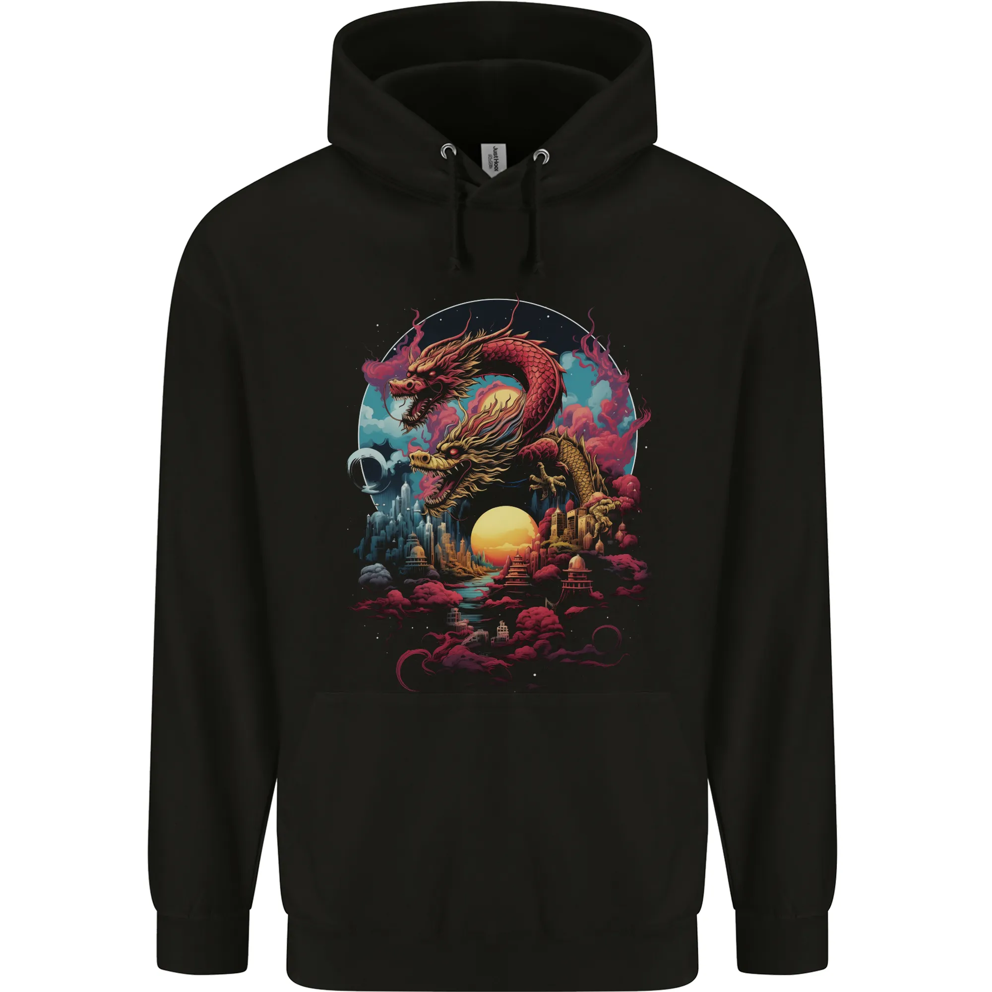 2 Sunset Fantasy Dragons Mens 80% Cotton Hoodie