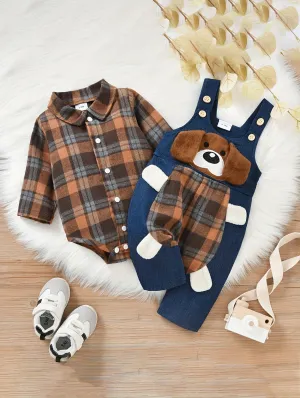 Adorable Plaid Romper and Overalls Set for Baby Boys