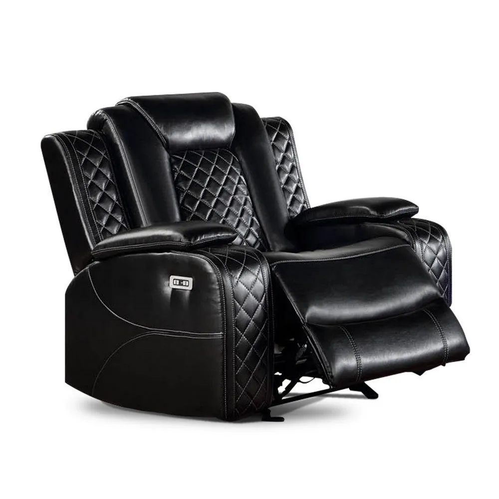 Aile 37 Inch Modern Power Recliner Chair, Black Faux Leather Upholstery
 By Casagear Home