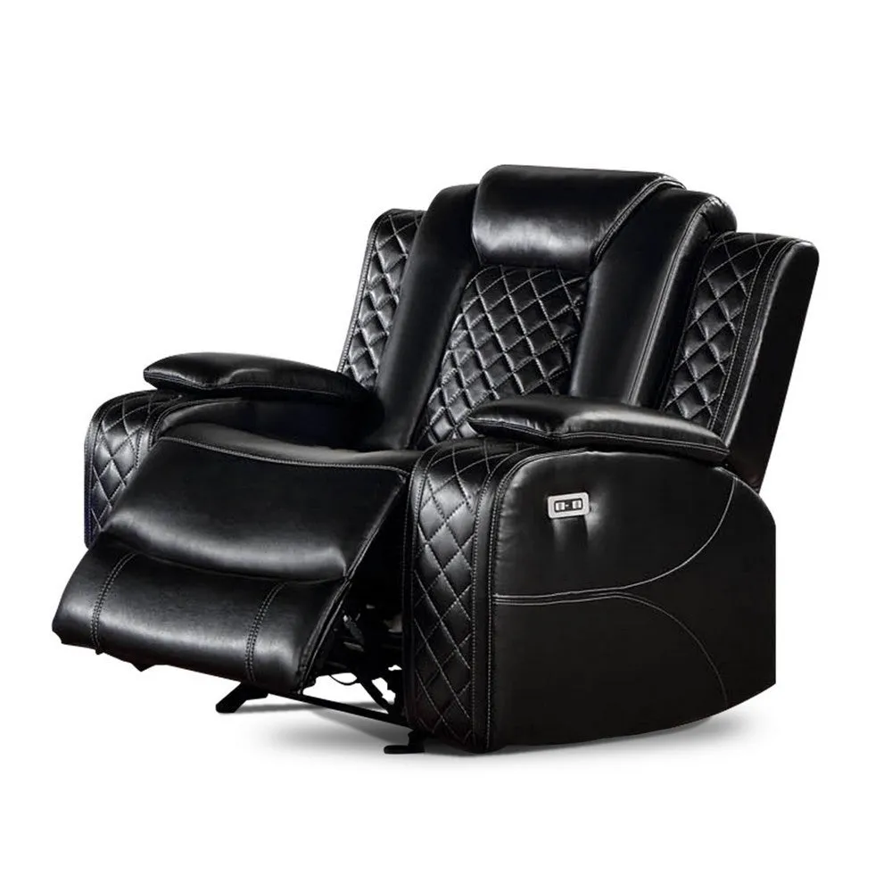 Aile 37 Inch Modern Power Recliner Chair, Black Faux Leather Upholstery
 By Casagear Home