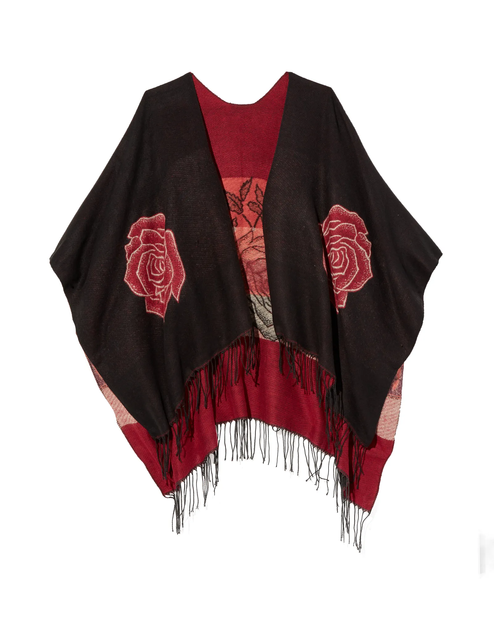 Areca Reversible Fringe Poncho | Black / Red