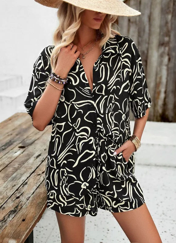 Black Casual Printed 2pc Shorts Set