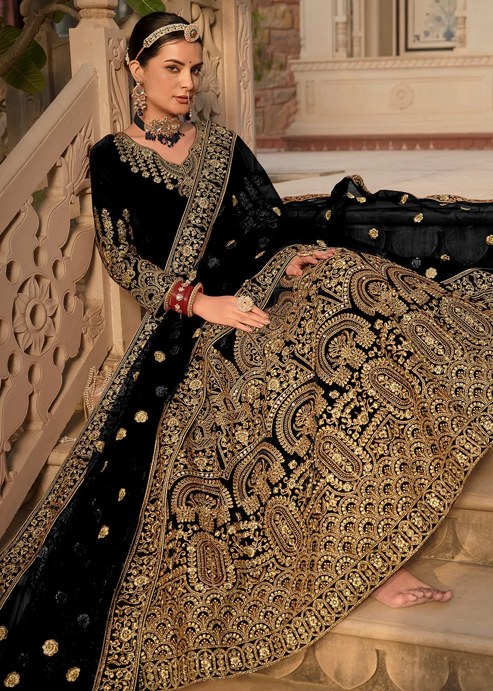 Black Velvet Front & Back Embroidery Wedding Anarkali Suit