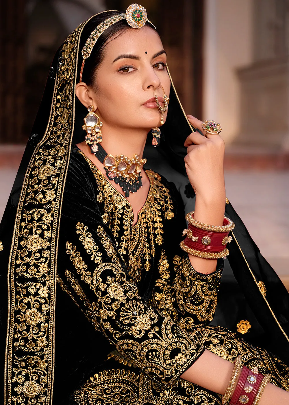 Black Velvet Front & Back Embroidery Wedding Anarkali Suit