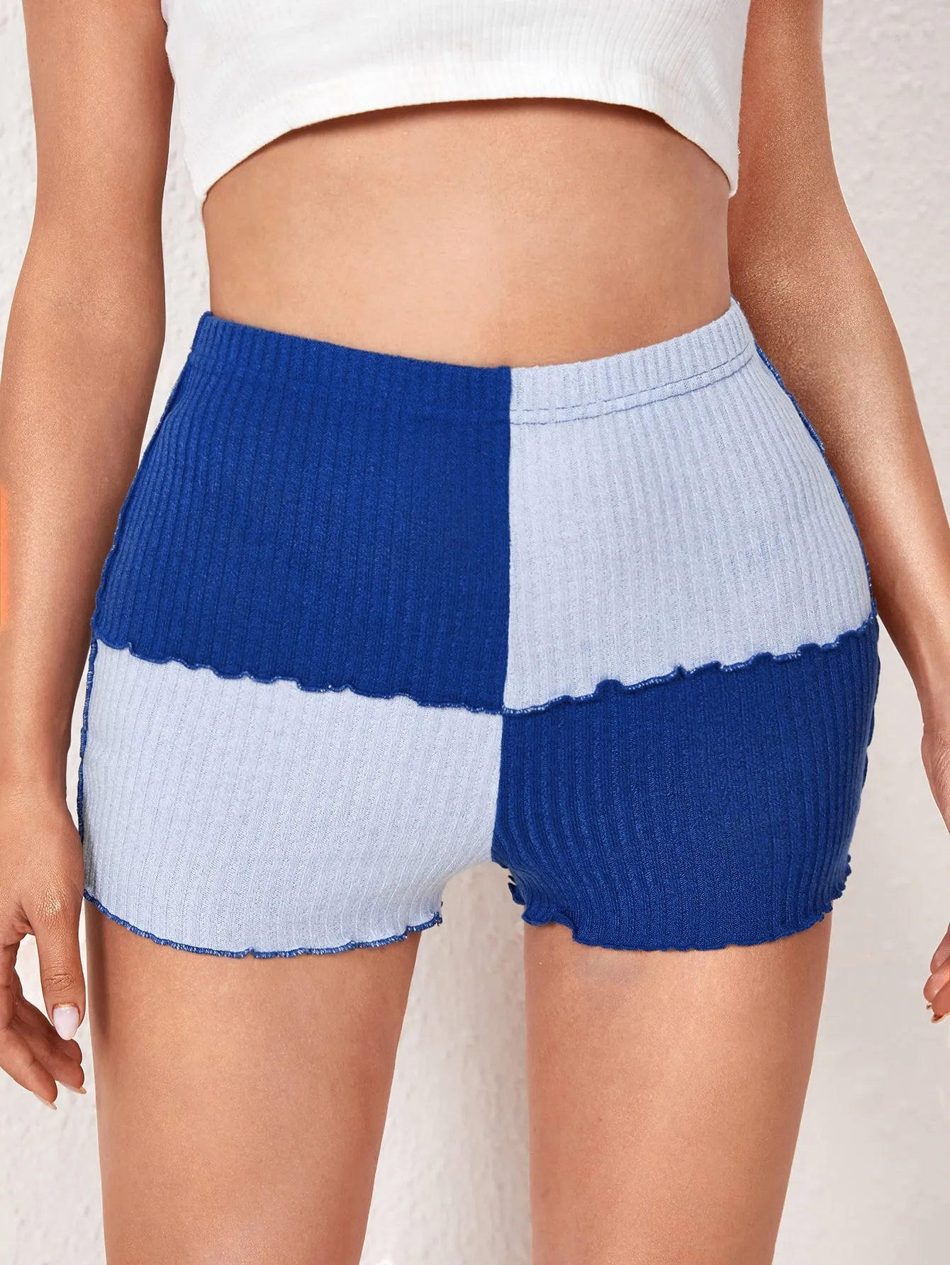 Casual Colorblock Rib-Knit High Waist Women Shorts