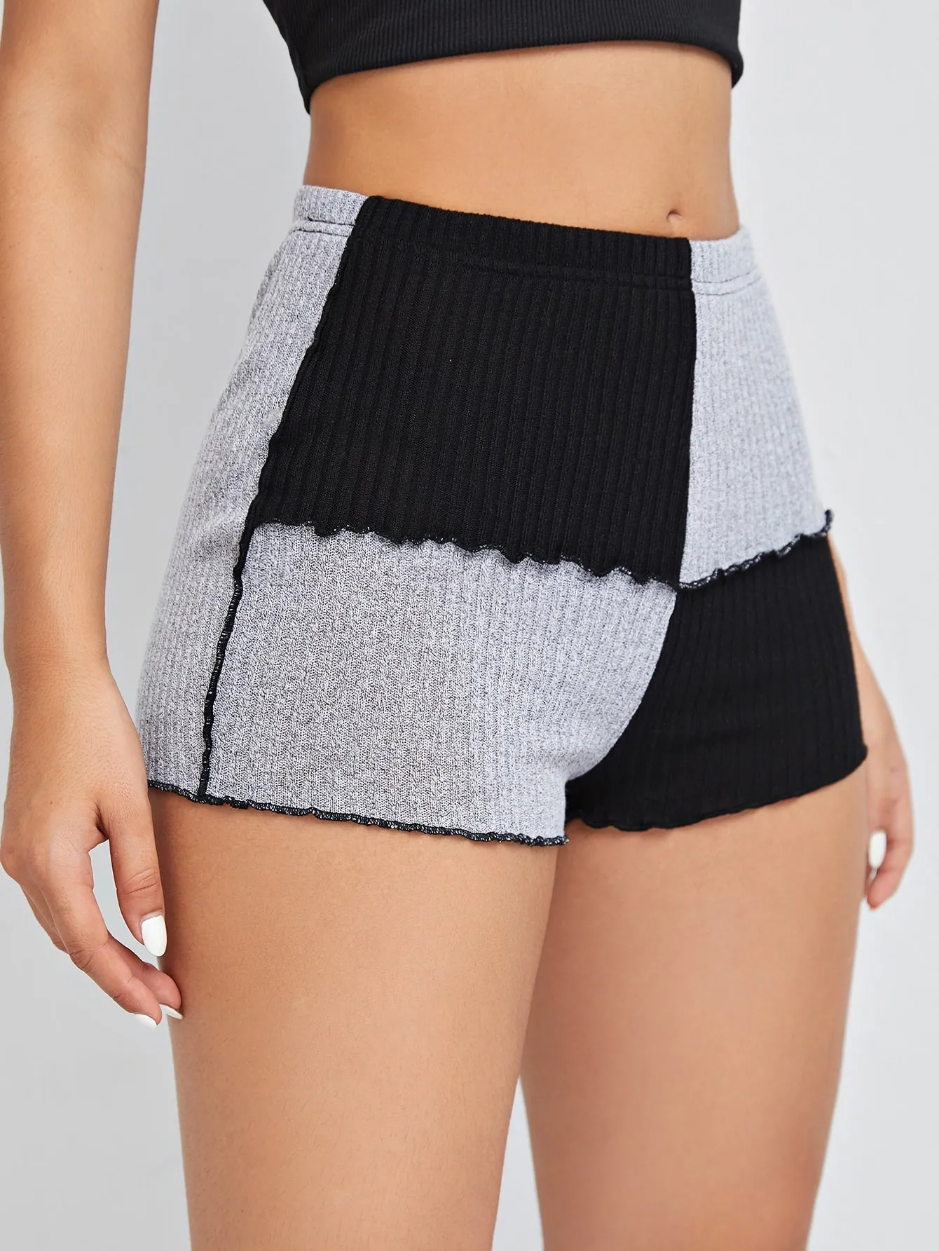 Casual Colorblock Rib-Knit Semi-Sheer High Waist Women Shorts