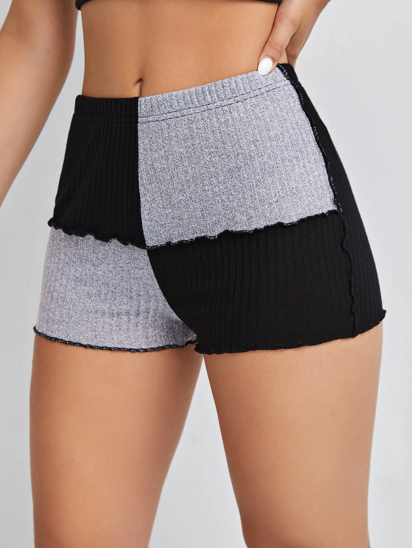 Casual Colorblock Rib-Knit Semi-Sheer High Waist Women Shorts