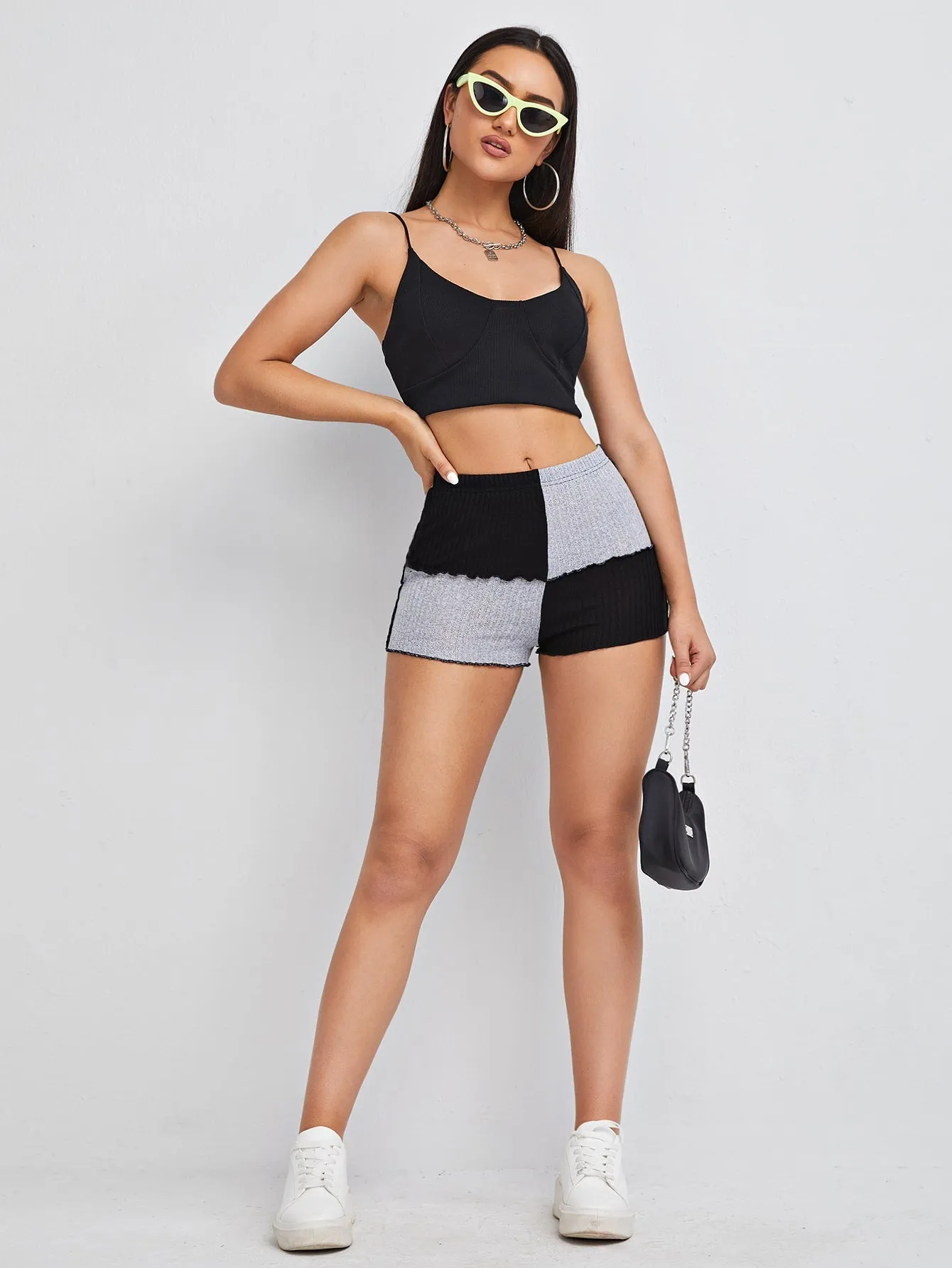 Casual Colorblock Rib-Knit Semi-Sheer High Waist Women Shorts