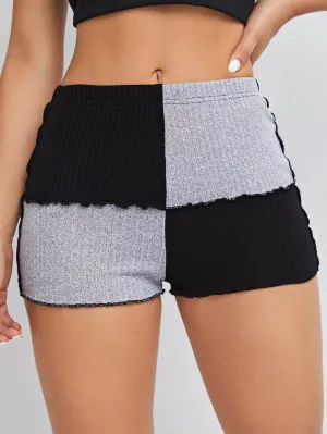 Casual Colorblock Rib-Knit Semi-Sheer High Waist Women Shorts