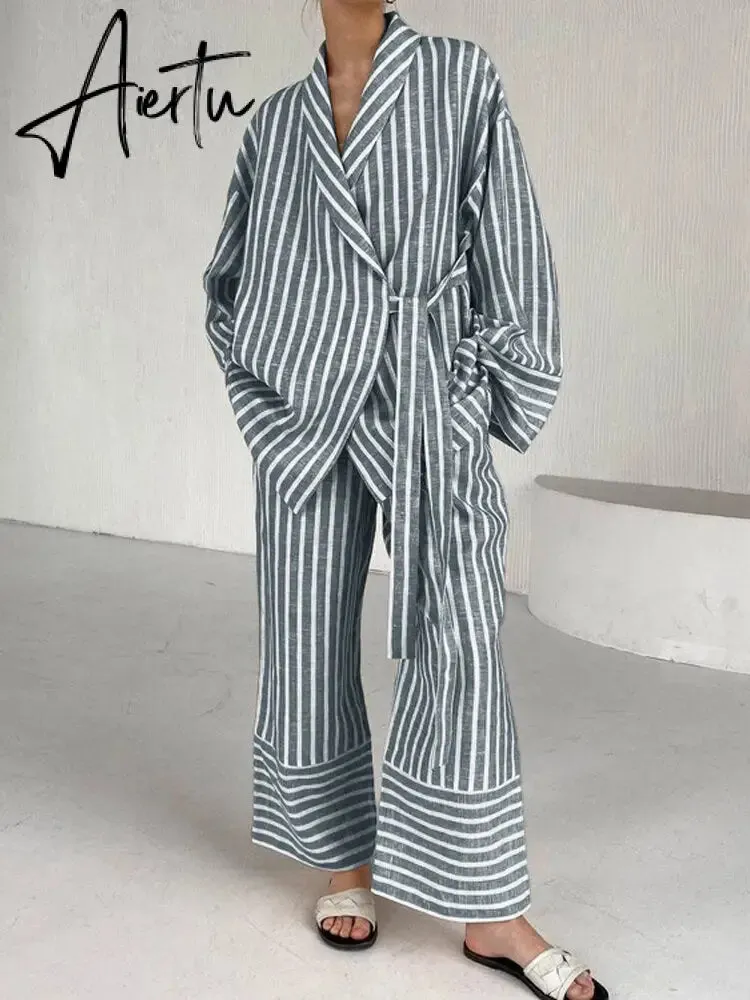 Casual Yellow Stripe Home Suits Elegant High Waist Wide Pants Set Fashion Long Sleeve Shirts Two Piece Pajamas Set Women Outfit