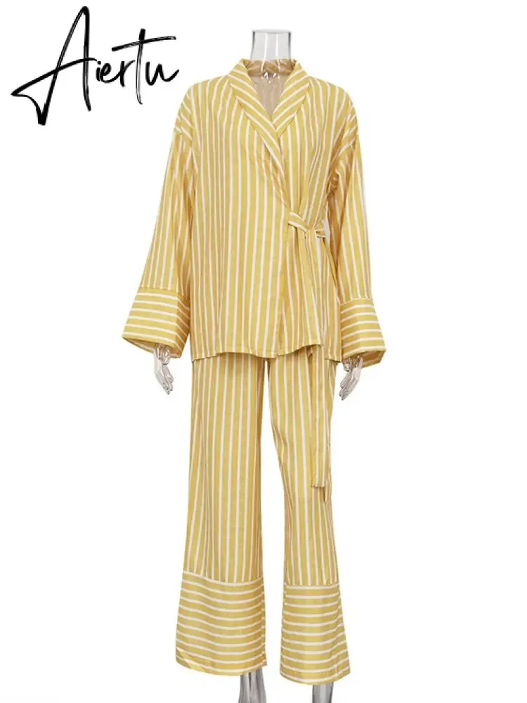 Casual Yellow Stripe Home Suits Elegant High Waist Wide Pants Set Fashion Long Sleeve Shirts Two Piece Pajamas Set Women Outfit