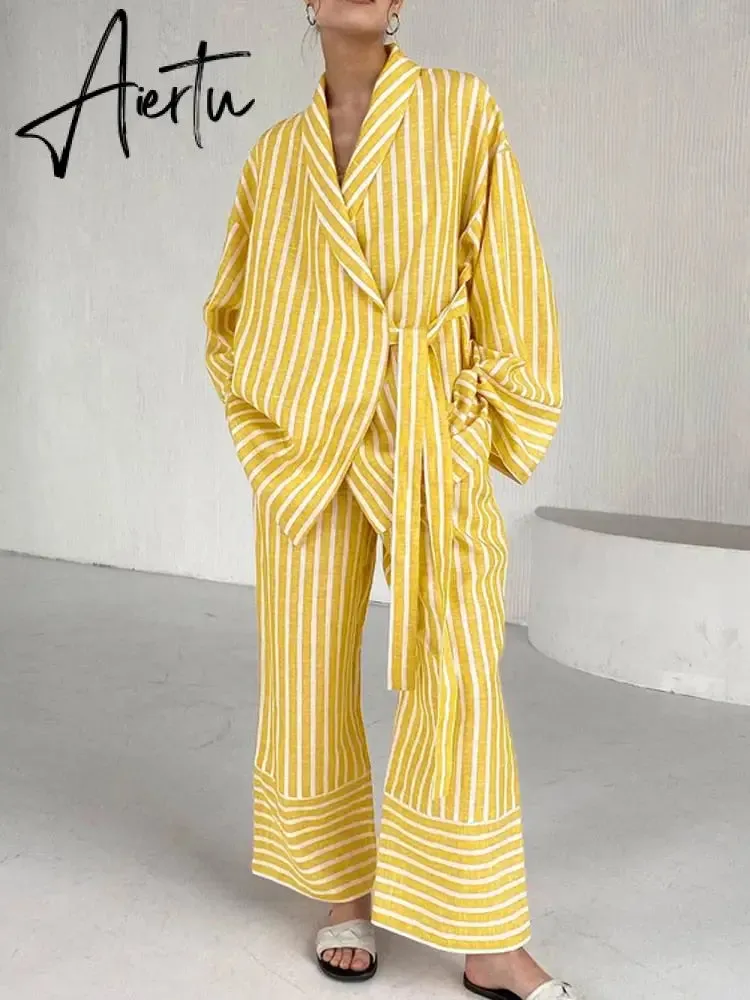 Casual Yellow Stripe Home Suits Elegant High Waist Wide Pants Set Fashion Long Sleeve Shirts Two Piece Pajamas Set Women Outfit