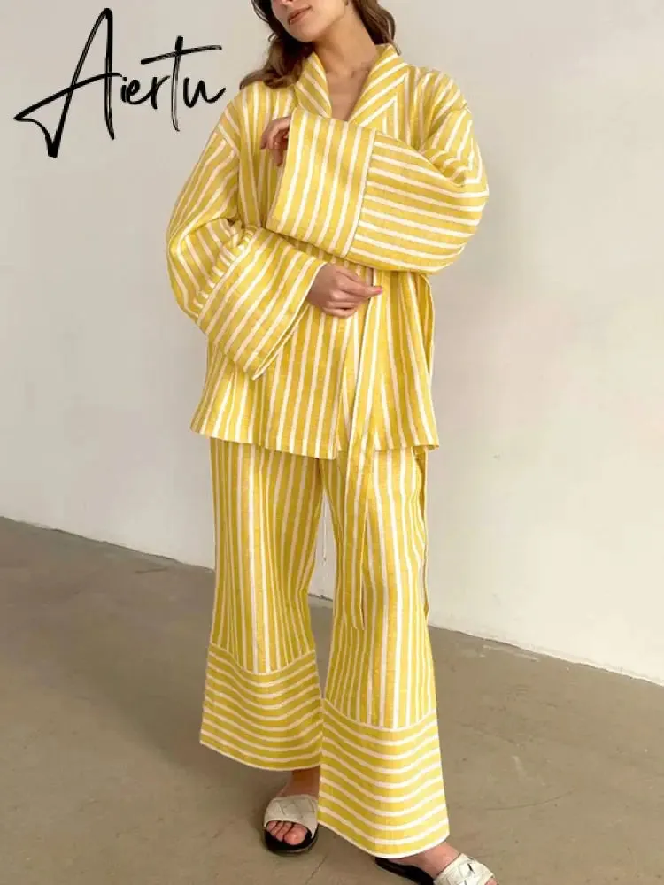 Casual Yellow Stripe Home Suits Elegant High Waist Wide Pants Set Fashion Long Sleeve Shirts Two Piece Pajamas Set Women Outfit