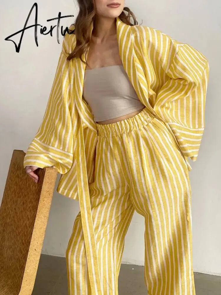 Casual Yellow Stripe Home Suits Elegant High Waist Wide Pants Set Fashion Long Sleeve Shirts Two Piece Pajamas Set Women Outfit