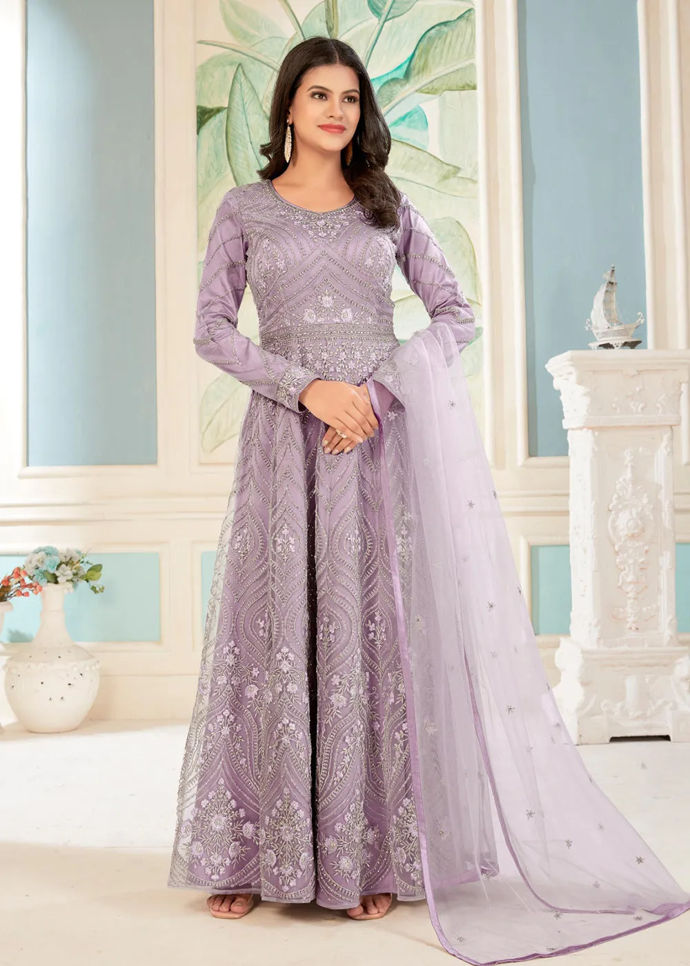 Charming Lavender Floral Embroidered Wedding Wear Anarkali Suit