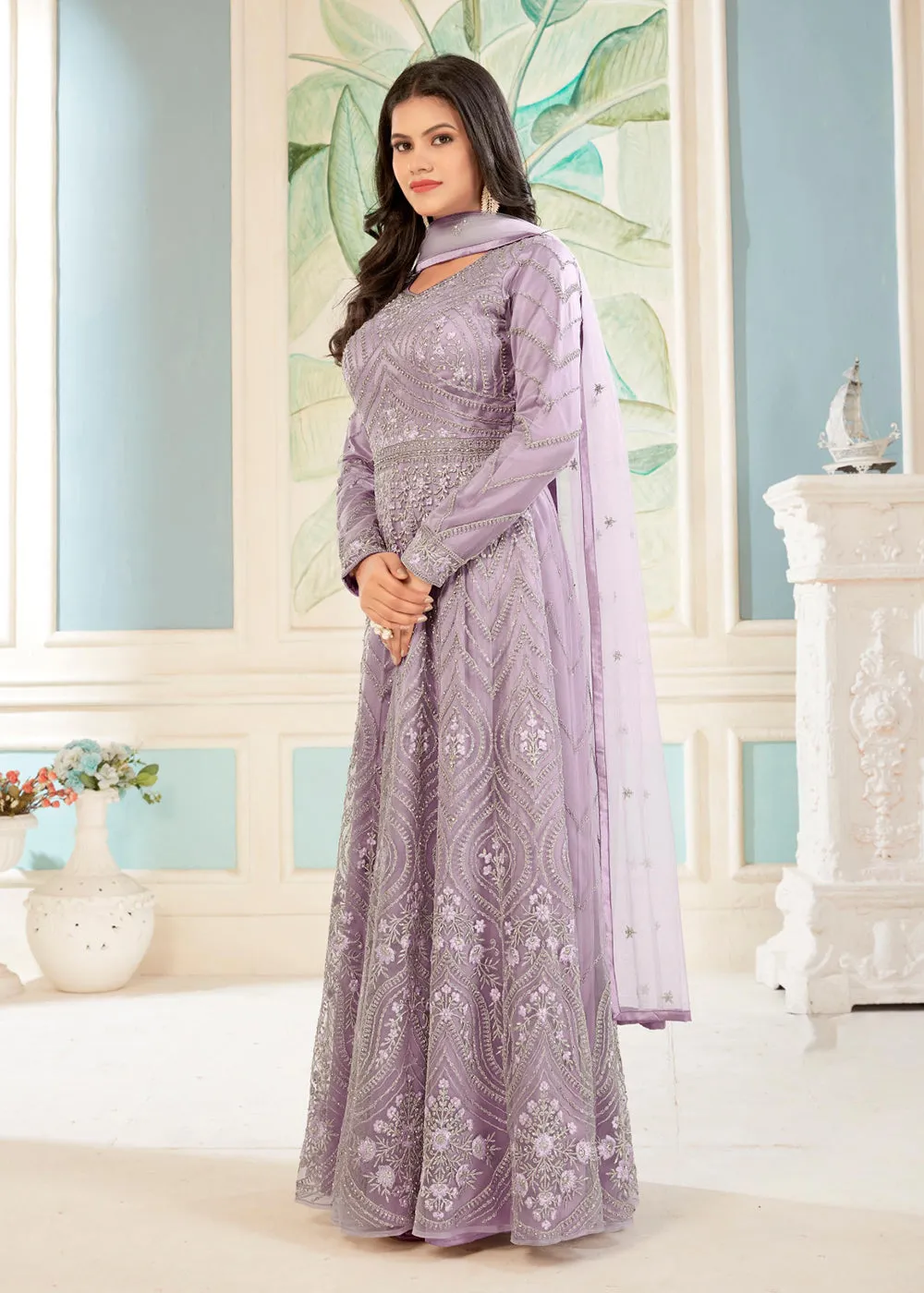 Charming Lavender Floral Embroidered Wedding Wear Anarkali Suit