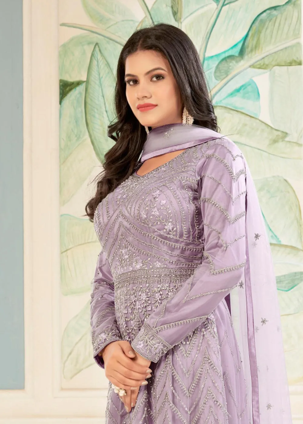 Charming Lavender Floral Embroidered Wedding Wear Anarkali Suit