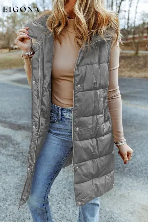 Dark Grey Hooded Long Quilted Vest Coat