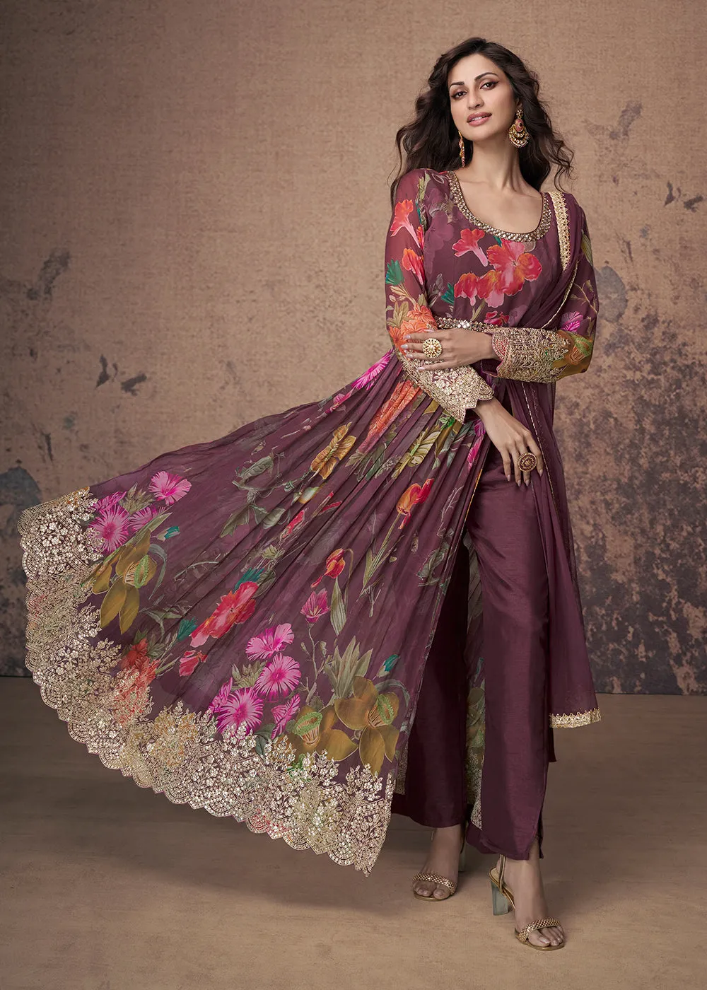 Digital Printed & Zari Embroidered Anarkali Suit in Wine