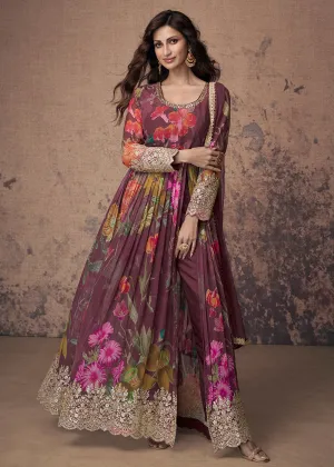 Digital Printed & Zari Embroidered Anarkali Suit in Wine