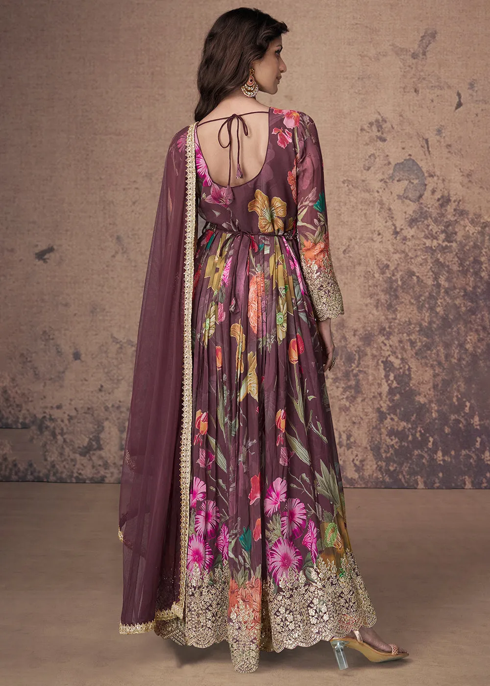 Digital Printed & Zari Embroidered Anarkali Suit in Wine