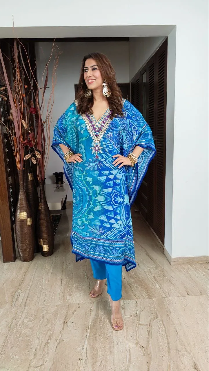 Embroidered Crepe Blue Kaftan Set