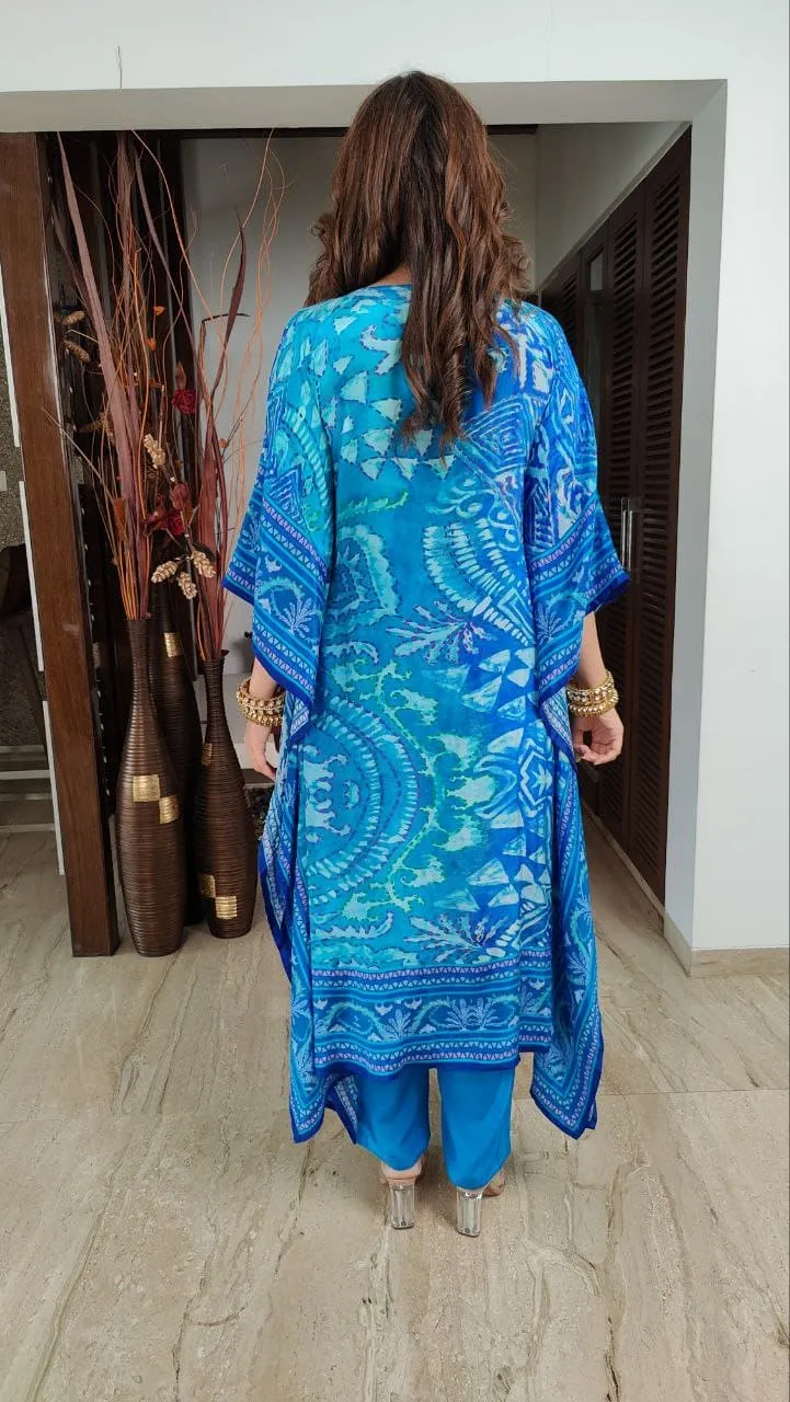 Embroidered Crepe Blue Kaftan Set