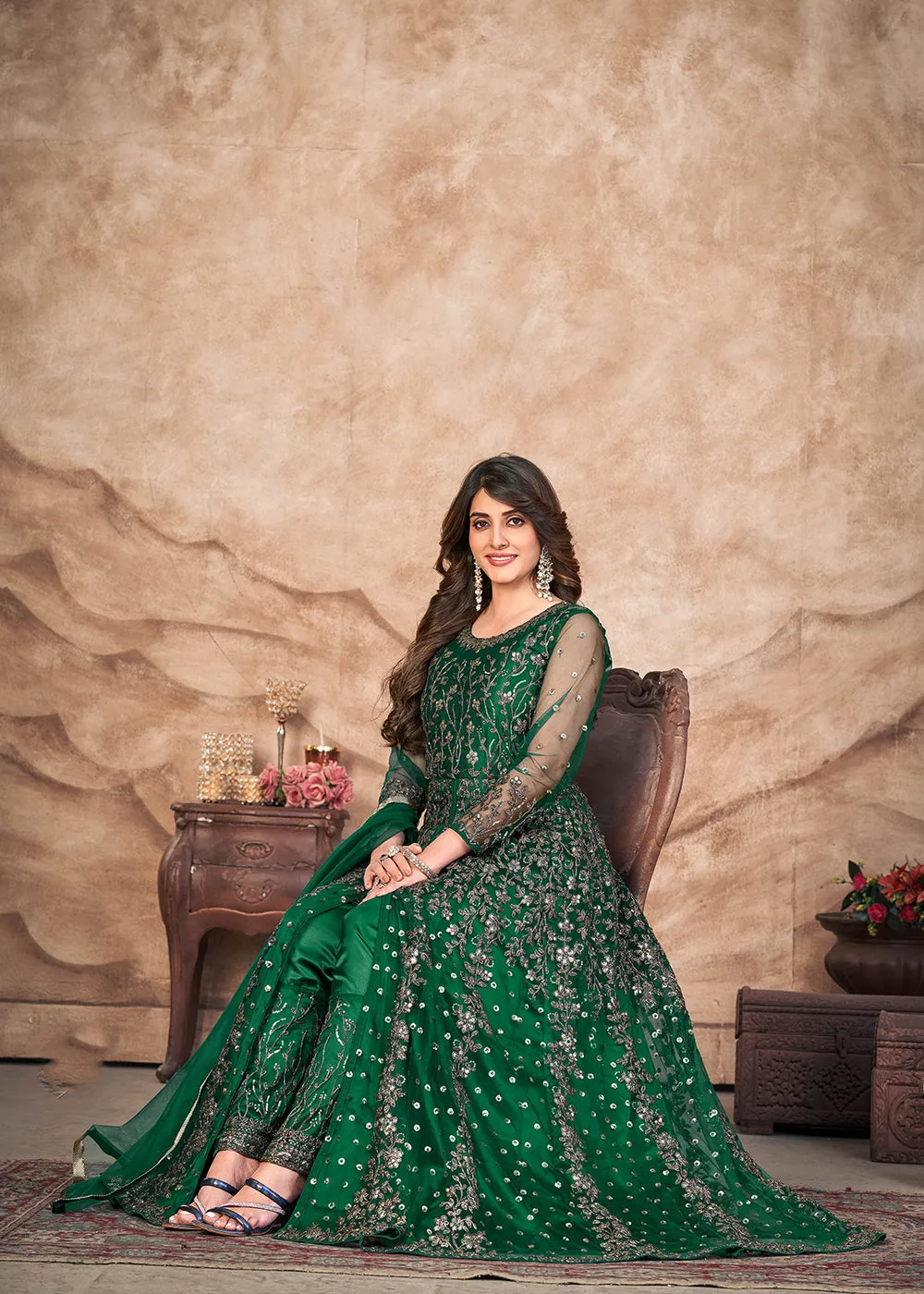 Emerald Green Net Embroidered Pant Style Anarkali Suit