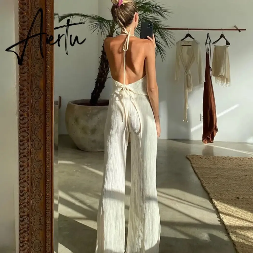 Home Wear Sexy Halter Backless Tank Top Set Woman 2 Piece Bodycon Beige Pleated Pants Set Elegant Skinny Slit Trouser Suits