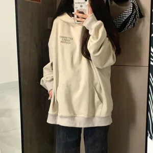 Hooed Pullovers Loose Letter Female Sweatshirt Solid Color Autumn Casual Office Ladies O-neck Chic Simple Women's Hoodies