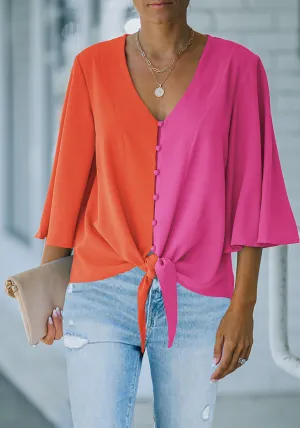 Hot Pink & Orange Women's V Neck Button Down Shirts 3/4 Bell Sleeve Tie Knot Blouse