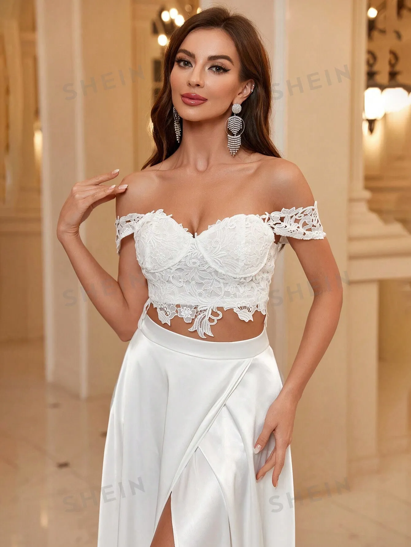 Lace Off Shoulder Crop Top And Wrap Slit Skirt Two Piece Set