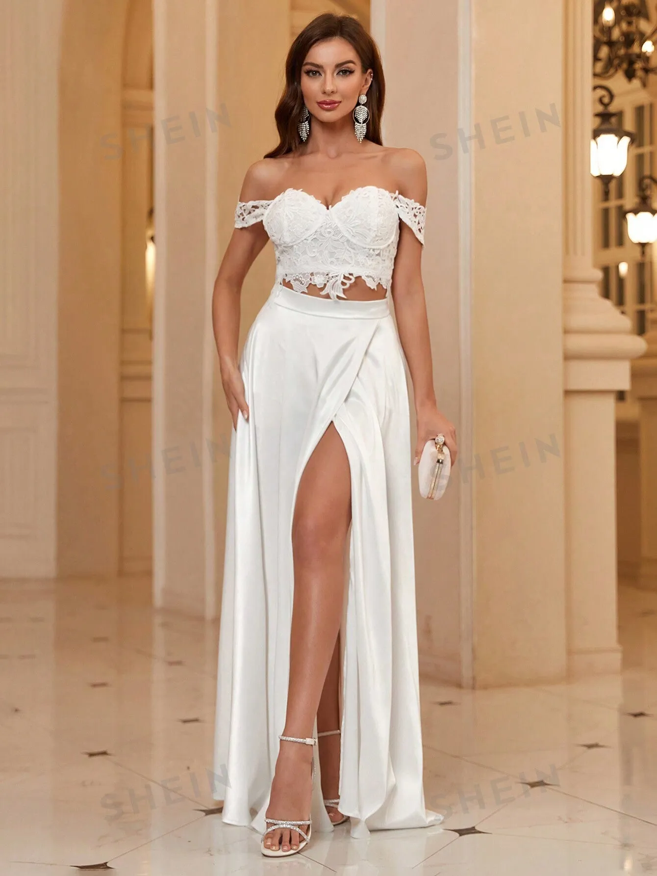 Lace Off Shoulder Crop Top And Wrap Slit Skirt Two Piece Set