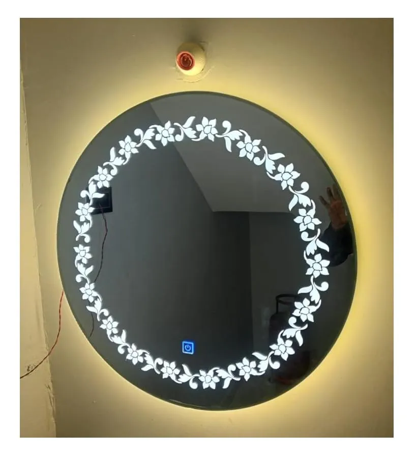 LAXMI Glass Shop Wall Mounted Led Touch Sensor Mirror with Aluminum Frame | LED Illuminated Modern Floral Pattern Vanity Round Mirror for Bedroom, Bathroom & Makeup Room (24inch x 24inch)