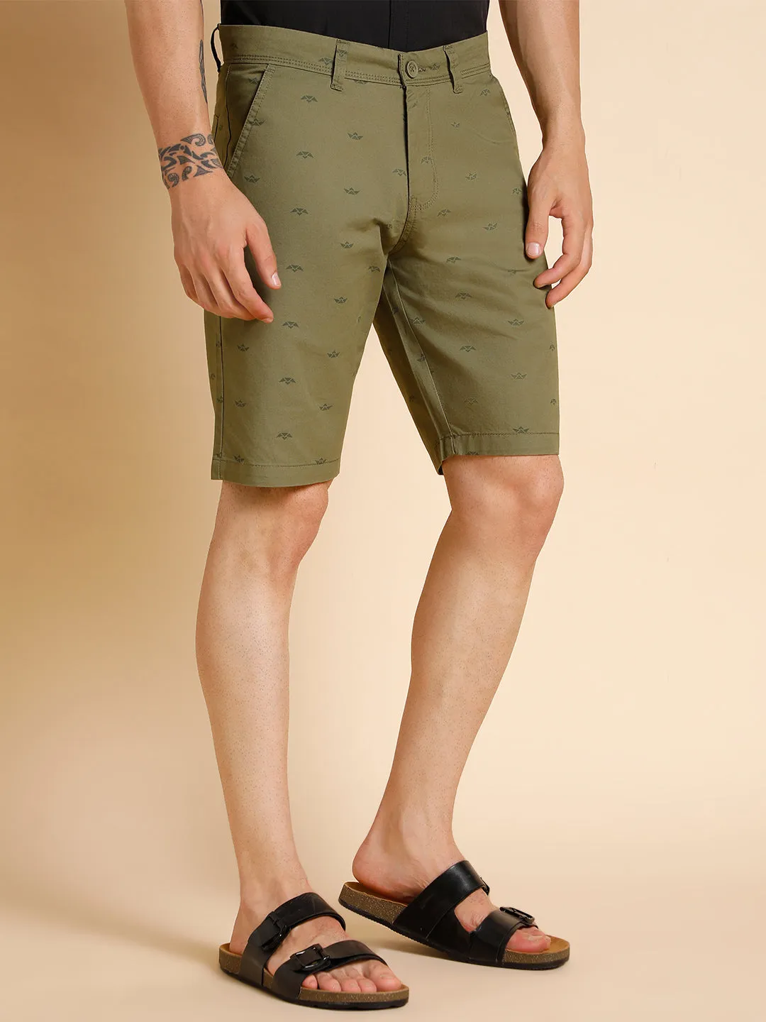 Men's Olive Micro Print Cotton Shorts