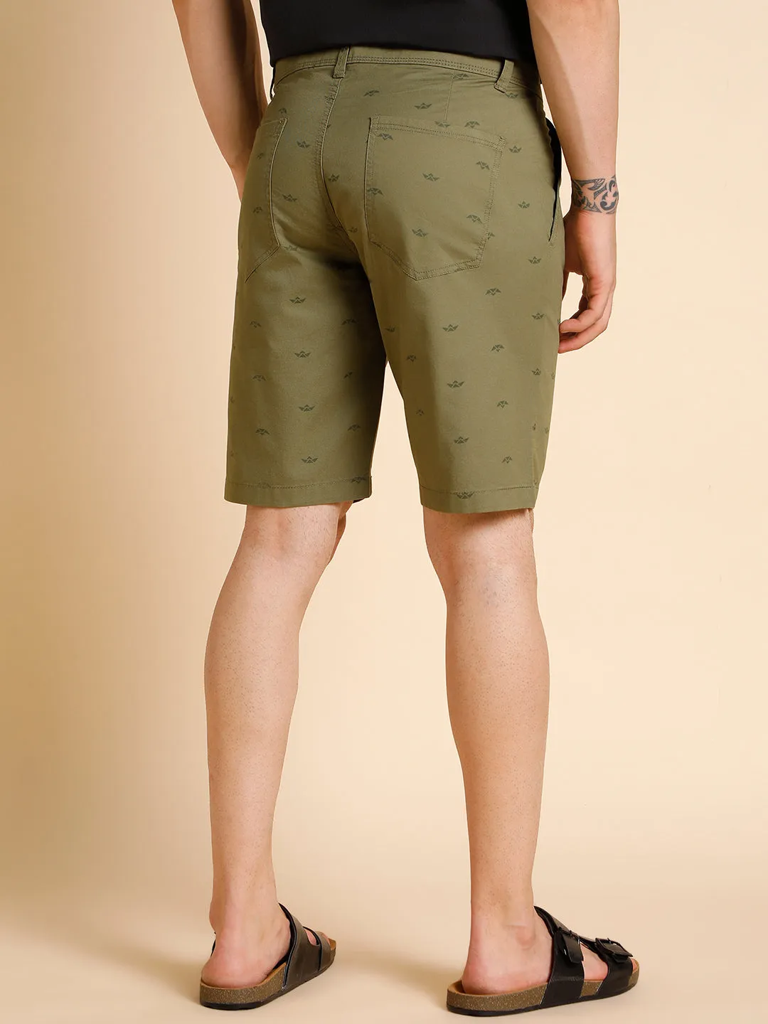 Men's Olive Micro Print Cotton Shorts