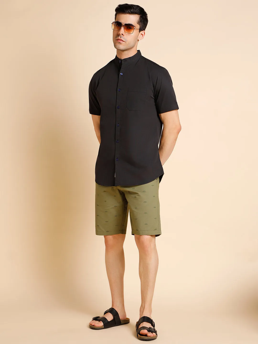 Men's Olive Micro Print Cotton Shorts