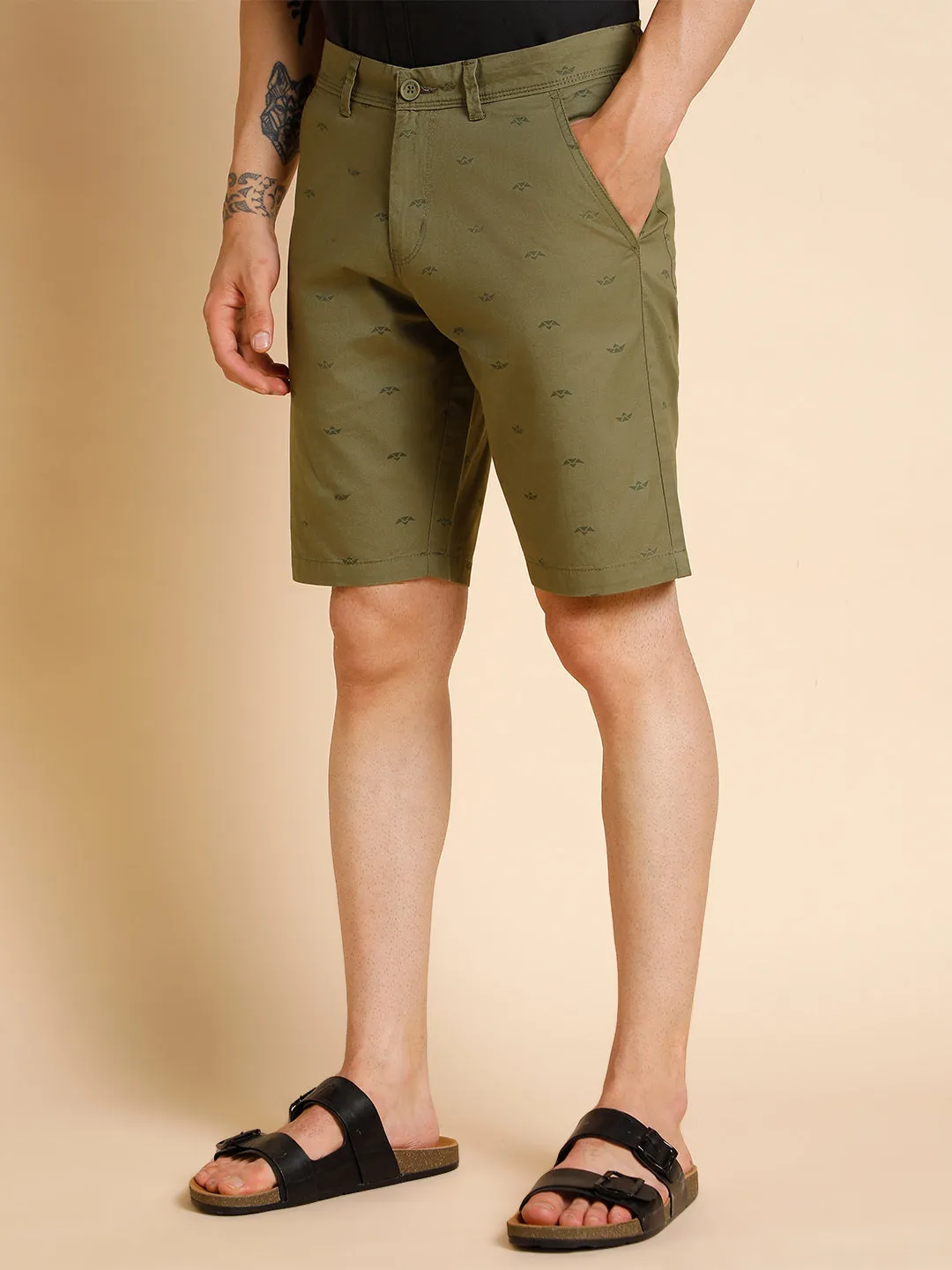 Men's Olive Micro Print Cotton Shorts