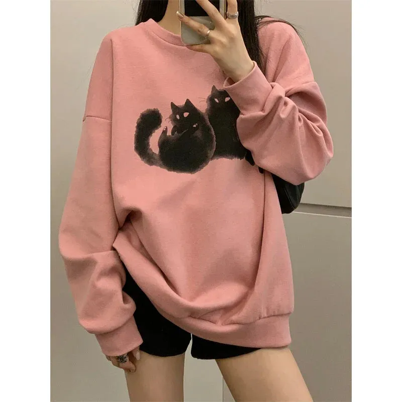 Metaversmall Pink Casual Chicly Printing Loose Warm Female Hoodies New Basic Simple O-neck Pullovers Fashion Solid Color Women Hoodies