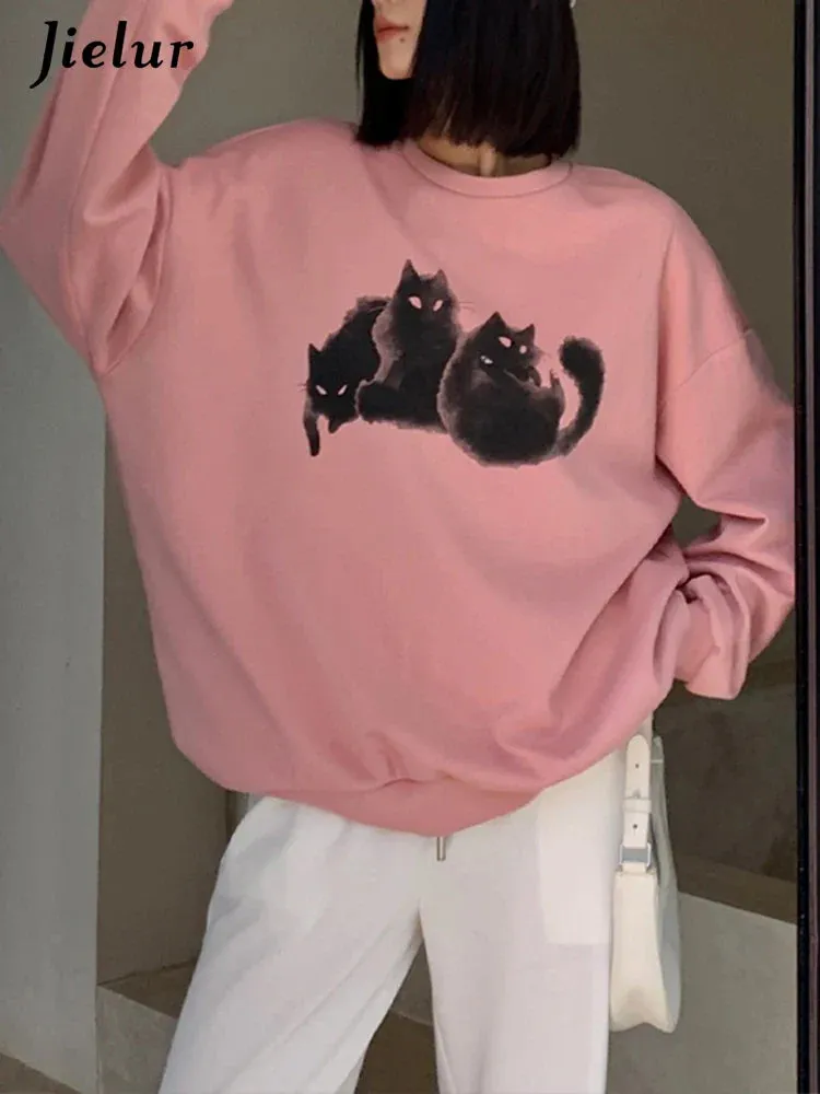 Metaversmall Pink Casual Chicly Printing Loose Warm Female Hoodies New Basic Simple O-neck Pullovers Fashion Solid Color Women Hoodies