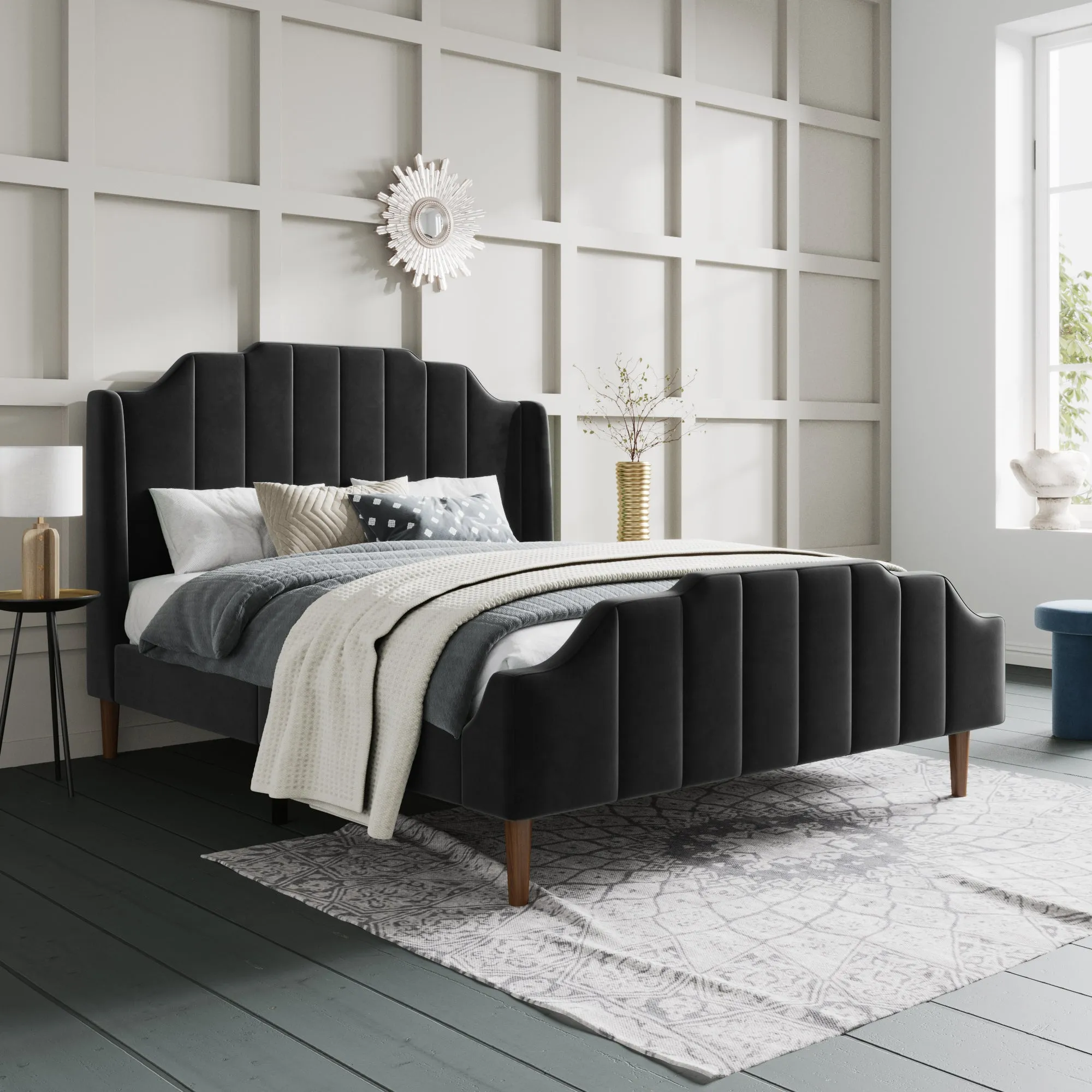 Modern Curved Wood Bed Frame with Upholstered Wingback Headboard