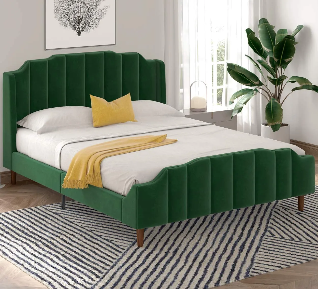 Modern Curved Wood Bed Frame with Upholstered Wingback Headboard