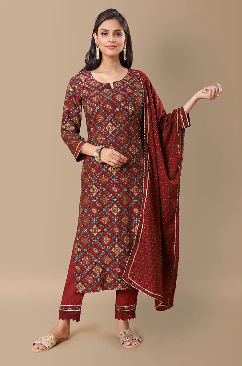 PANAAH - Mandala Red 3 Piece Kurta Set with Dupatta