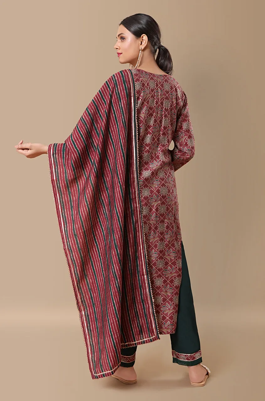 PANAAH - Muave 3 Piece Kurta Set with Striped Dupatta