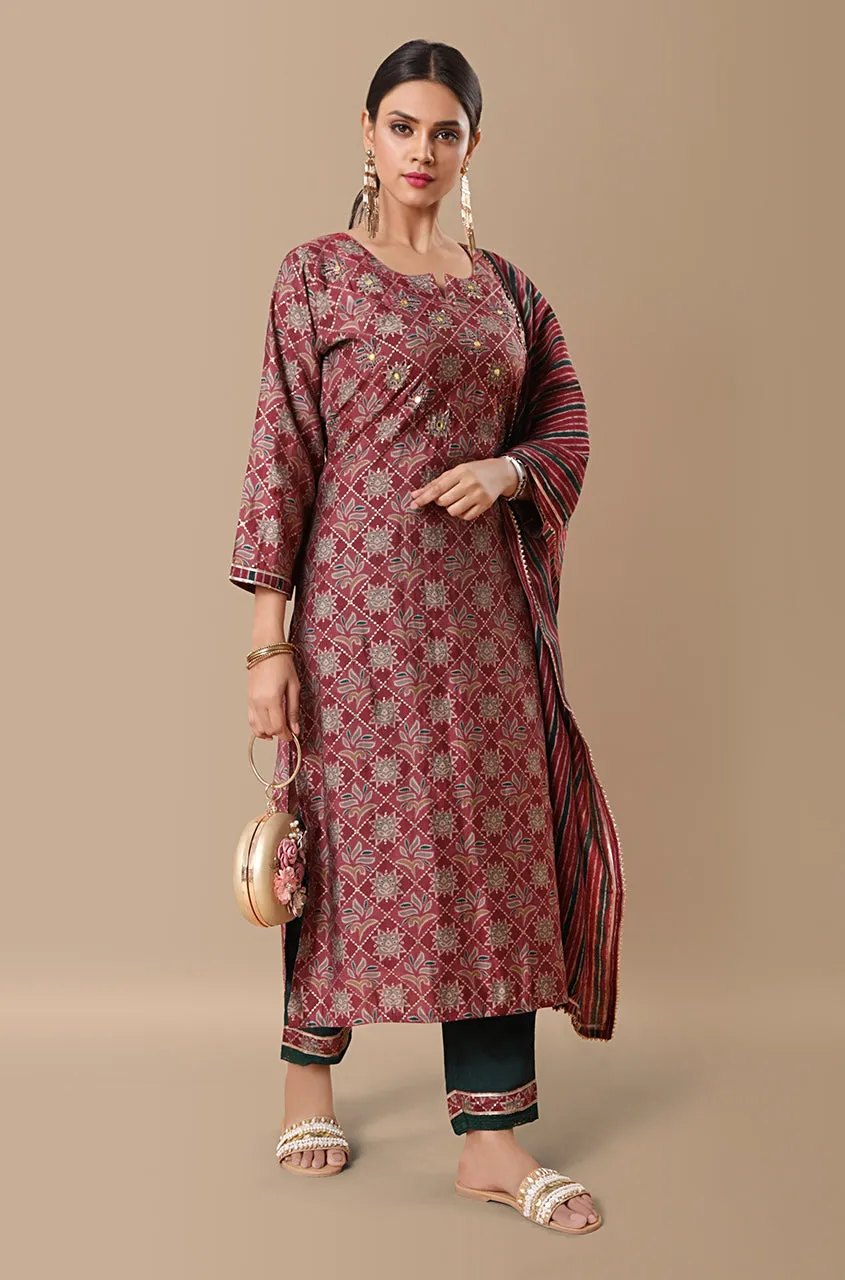 PANAAH - Muave 3 Piece Kurta Set with Striped Dupatta