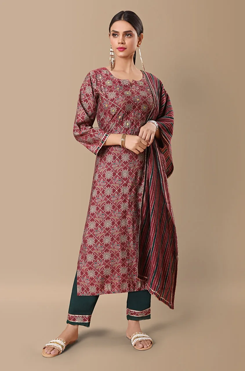 PANAAH - Muave 3 Piece Kurta Set with Striped Dupatta