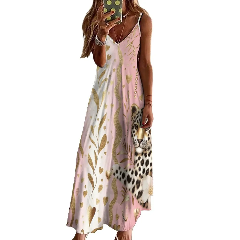 Pink Leopard Floral Spaghetti Strap Ankle-Length Dress Long dress