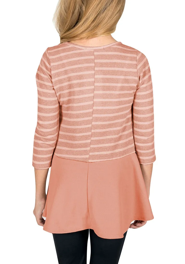 Pink Striped Ruffled Hem Flared Girl Tunic Top