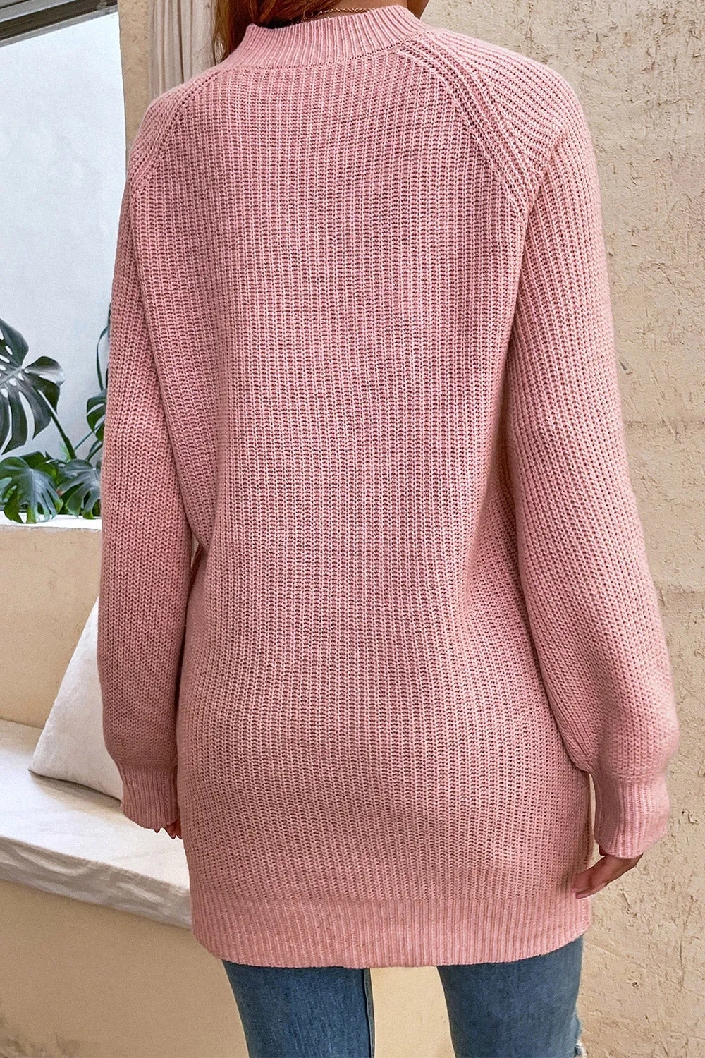 Round Neck Button Detail Ribbed Sweater