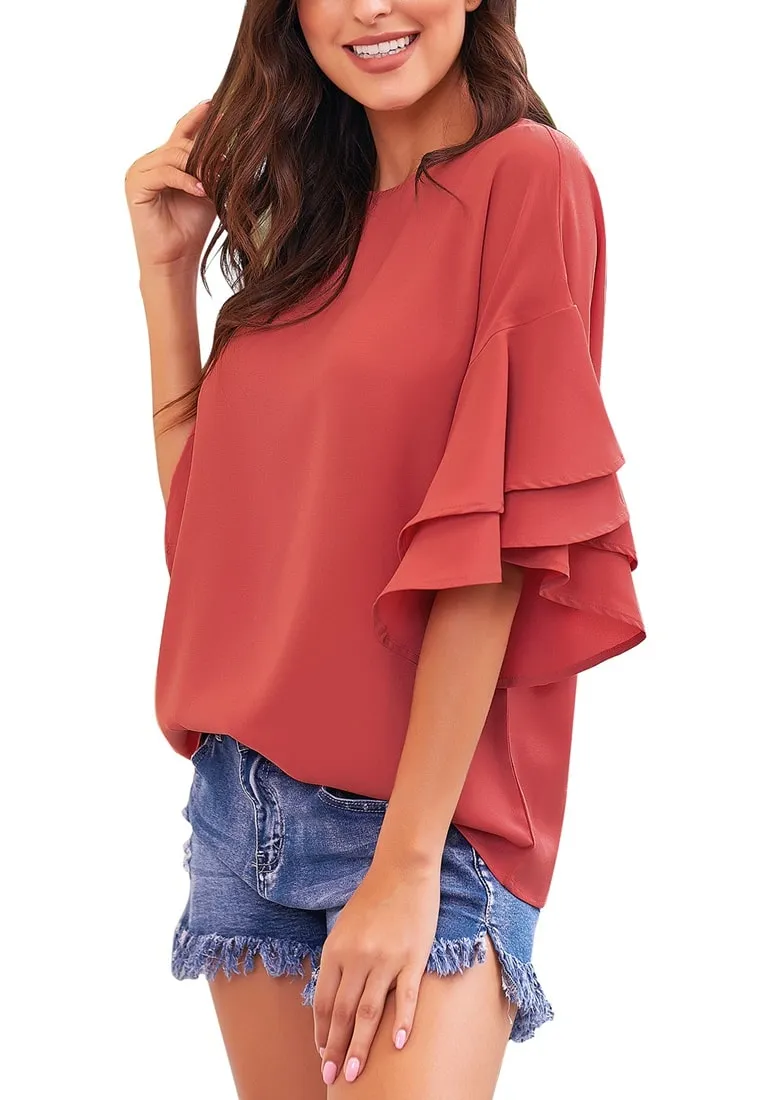 Rust Red Trumpet Sleeves Keyhole-Back Blouse